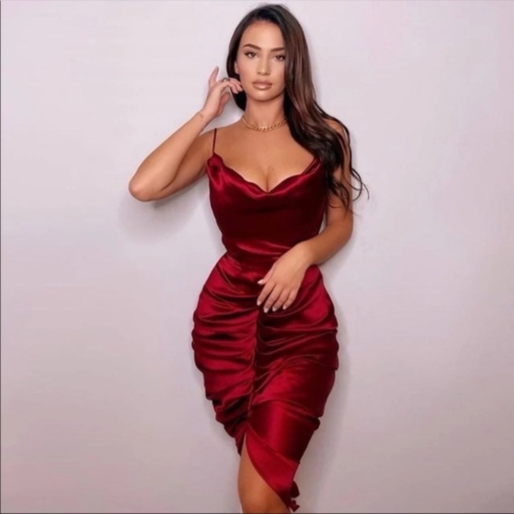 House of CB Nera wine satin draped corset dress. Size XS